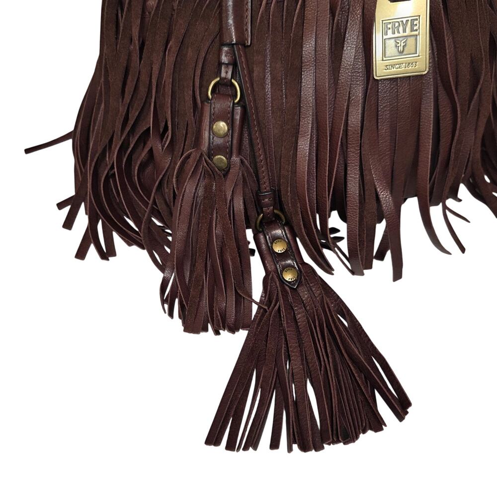 Frye Fringe Leather Hobo Bucket Bag | Boho Western Brown Tassel Purse - Picture 6 of 16
